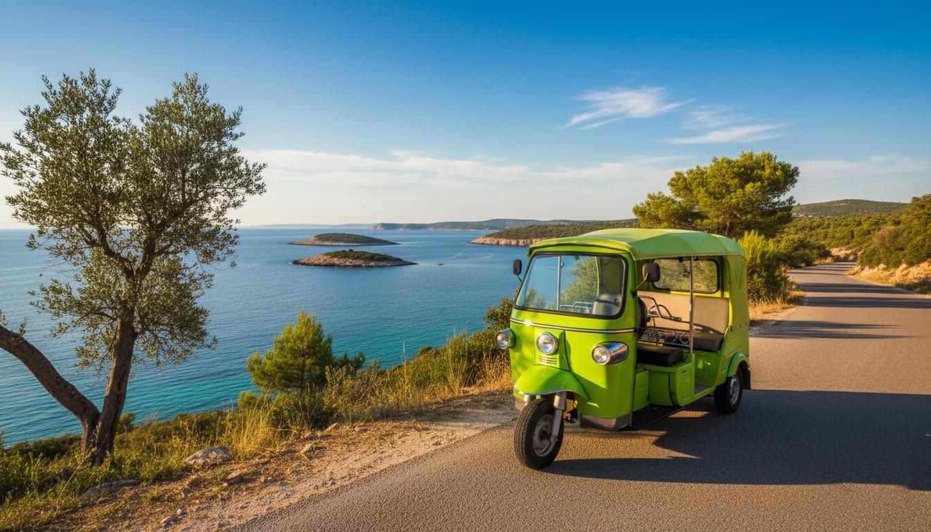Electric tuk-tuk on Medulin coastal road with Adriatic Sea view