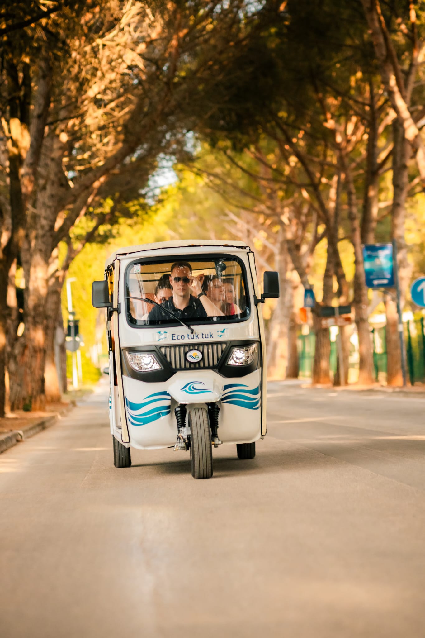 Ivan driving the electric tuk-tuk with guests under the pine trees of Medulin