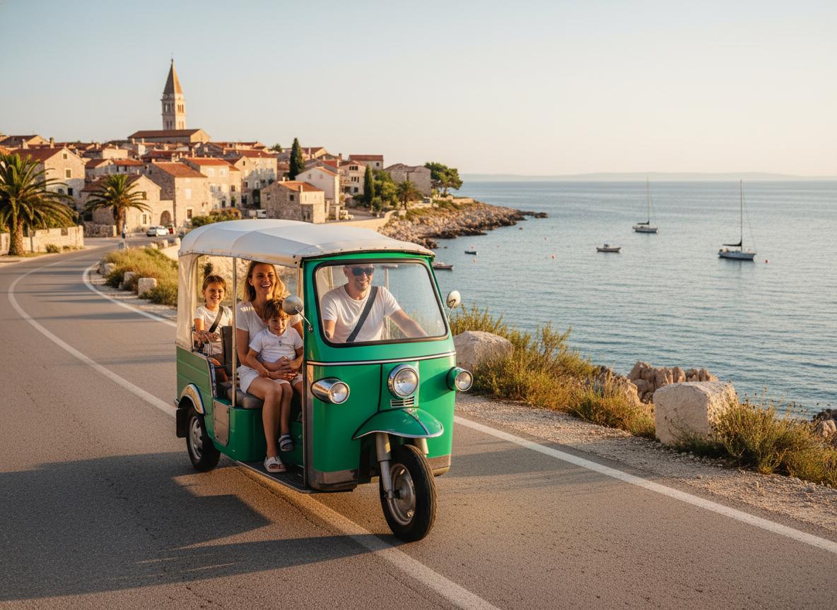 Happy family enjoying tuk-tuk tour with Medulin old town and coastline views