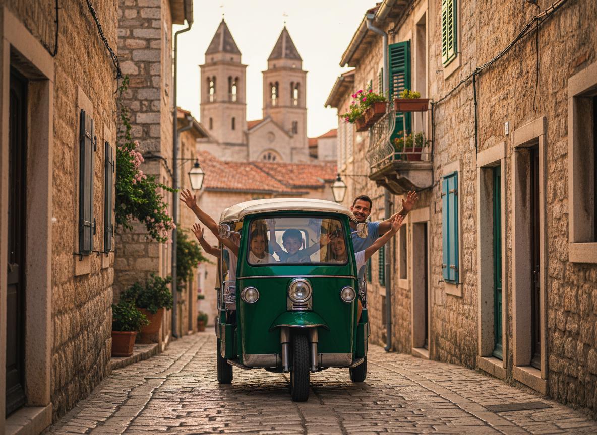 Electric tuk-tuk driving through Medulin old town with stone buildings and church towers