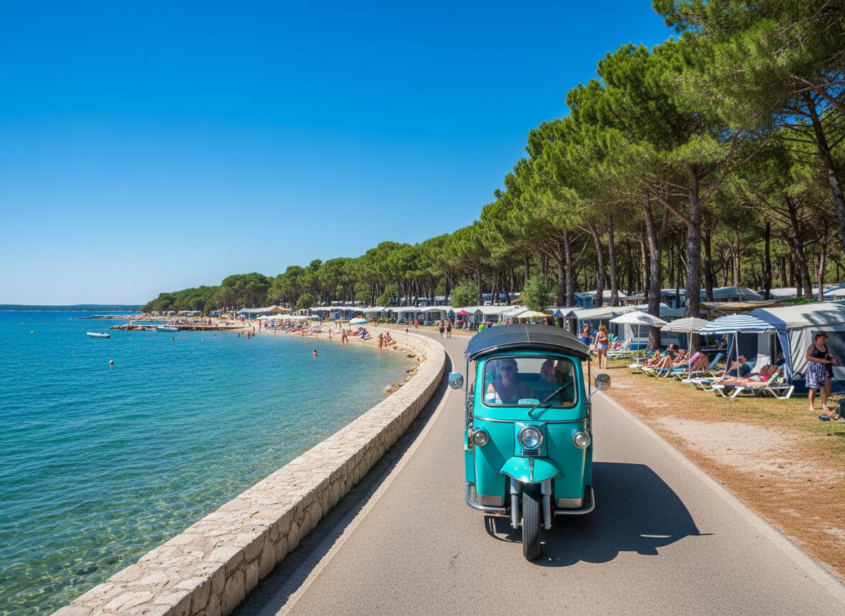 Tuk-tuk cruising along Medulin coastline with sparkling blue Adriatic Sea